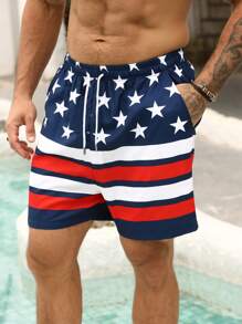 Manfinity Swimmode Men's US Flag Print Drawstring Waist Beach Shorts Holiday / Vacation / Beach / Hawaii / Tropical / Swim /  Bathing - Red - View 7