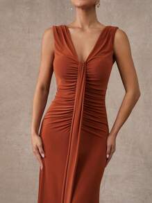 Silquee Premium Quality Summer Solid Dirty Orange Women's V-Neck Draped Hem Dress Double Layer Dress, Fashionable Summer Elegant Romantic Dress Suitable For Party, Going Out, Beach Vacation, Women's Beachwear, Beach Vacation Wear - Rust Brown - View 7