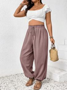 SHEIN Frenchy Plus Size Women Solid Color Ruffle Hem Drawstring Loose Pants,Summer Pants - Mocha Brown - View 2