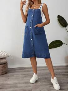 SHEIN Vestido peto vaquero casual de una sola de botones con bolsillos para maternidad