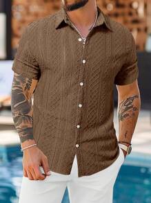 Manfinity Homme Men's Solid Color Single-Breasted Knitted Argyle Casual Short Sleeve Shirt Brown Shirt Men