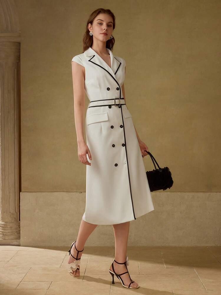 CONTRAST BINDING DOUBLE BREASTED BELTED DRESS