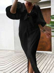 SHEIN VCAY 大码女式纯色时尚连衣裙，适合夏季 - 黑色 - 查看 1