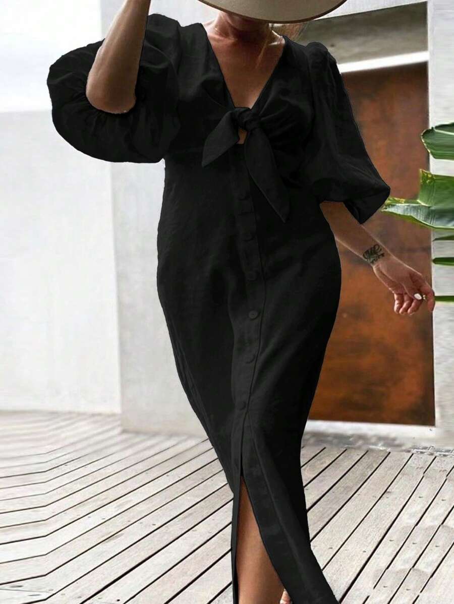 SHEIN VCAY 大码女式纯色时尚连衣裙，适合夏季 - 黑色 - 查看 1