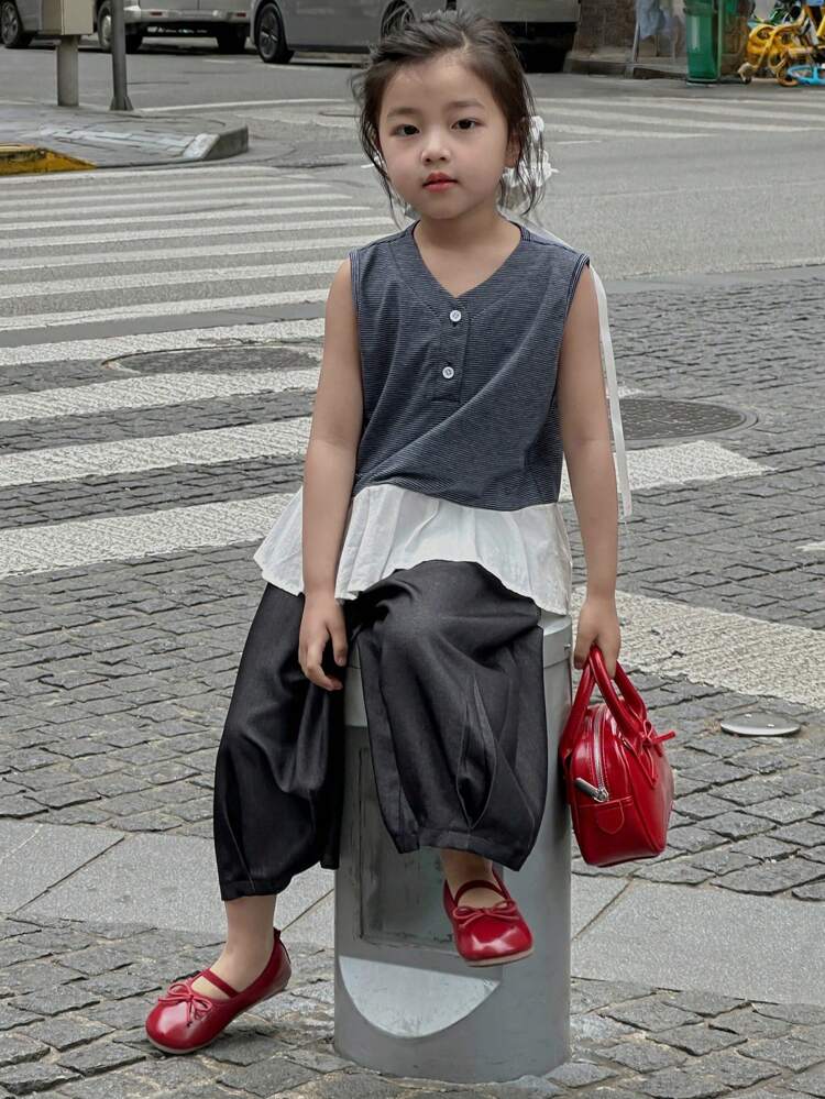 2pcs Girls Casual V-Neck Ruffle Hem Colorblock T-Shirt & Loose Wide Leg Pants 2 Pieces Suit Set, Summer