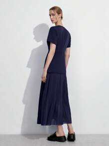 Lumivelle Women's Round Neck Short Sleeve A-Line Patchwork Pleated Chiffon Elegant Dress