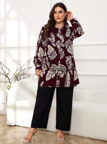 Lacomfia 大码女式随机印花长袖上衣和纯色裤子两件套，简约休闲时尚长款套装 2 件套