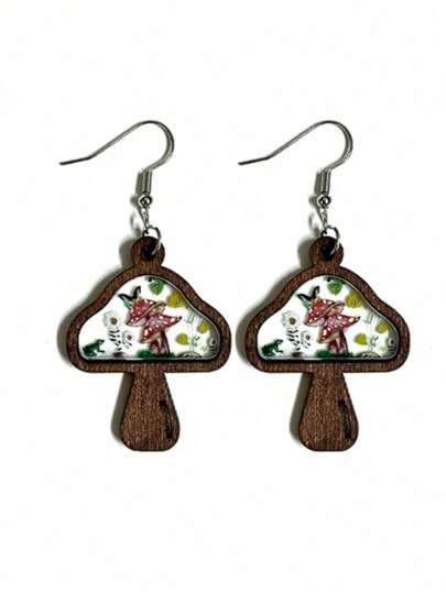 Hippie 1 Pair Of Retro Flower And Mushroom Pendant Wooden Earrings, Festive Party Jewelry Gift Valentines