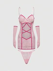 ROMWE Kawaii 性感荷叶边下摆交叉镂空内衣裙套装（带手套）（女款） - 粉色 - 查看 2