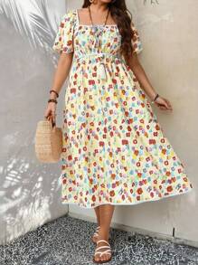 Breezaya Plus Size Women Square Neck Floral Print Maxi Dress, Casual Summer Dress For Vacation, Outdoor, Picnic, Party, Puff Sleeve