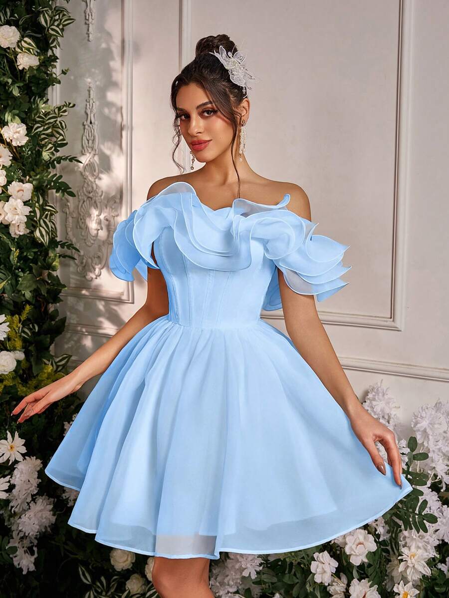 Glamrae 优雅浪漫超大号 3D 花朵露肩褶皱蓬松连衣裙，适合约会、婚礼、新娘、送礼、正式场合