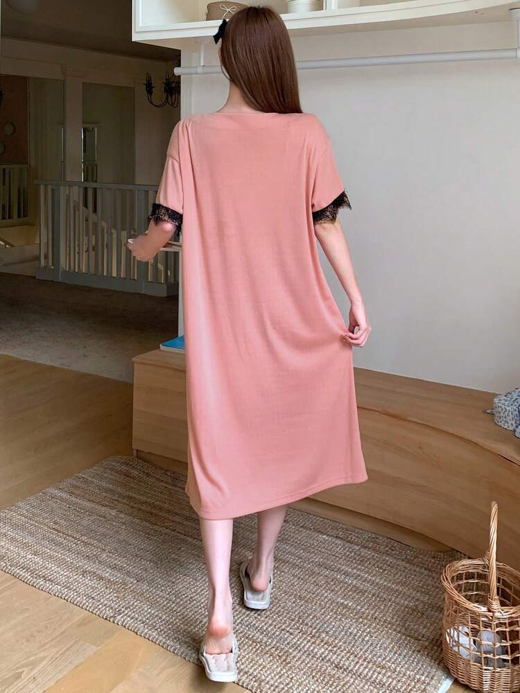 Color Block Lace Patchwork Open Slit Design Women Nightgown, Pajama