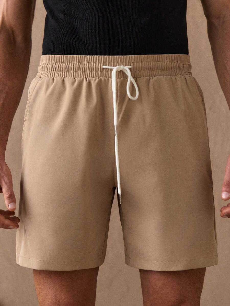 Manfinity VCAY Men Slant Pocket Drawstring Waist Solid Shorts Baggy Sweat Daddy Khaki Going Out Basic Husband - Khaki - View 1