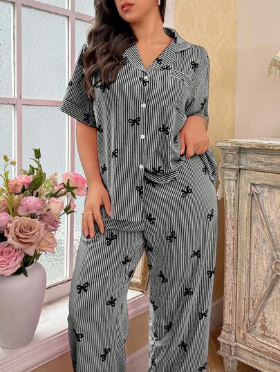 CottageSlumber 大码女式条纹蝴蝶结印花翻领短袖上衣和裤子睡衣套装，节日季节丰富多彩的花卉图案，服装