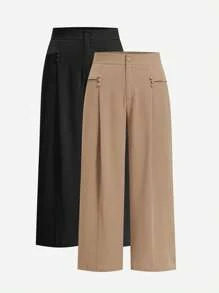 Modelyn Pantalones casuales de pierna ancha de unicolor talla grande, aptos para uso en el trabajo y uso diario en verano - Caqui - Ver 4