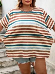 SHEIN CURVE+ 大码度假撞色条纹休闲夏季短袖T恤 - 彩色 - 查看 3