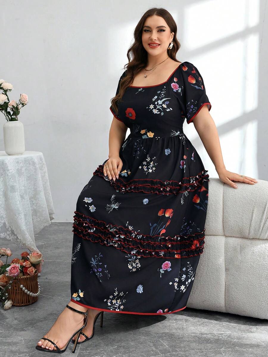 Modelyn 加大码春夏宽领浪漫花卉印花抽绳腰部喇叭下摆优雅迷人度假连衣裙 - 黑色 - 查看 1