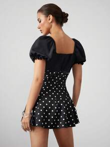 ROMWE Avant Retro Polka Dot Low-Cut Puff Sleeve Fitted Mini Dress, Vacation/Holiday Style - Black - View 3