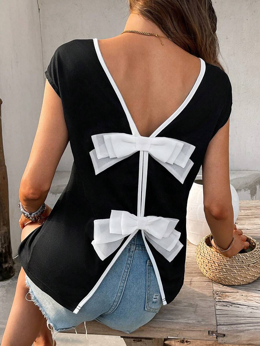 SHEIN Frenchy 女式夏季休闲撞色饰边蝴蝶结T恤 - 黑色 - 查看 1