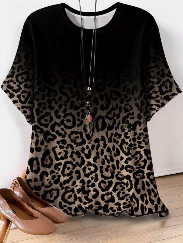 SHEIN Women's Plus Size Casual Leopard Print T-Shirt, Polyester Blend Crew Neck Tee, Medium Stretch Knit Fabric, Fashionable Comfort Fit For All Seasons