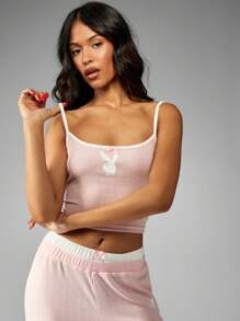 Missguided x Playboy Conjunto de pijama de lujo para mujer de top tipo camiseta de punto acanalado y pantalón de pierna ancha para uso en el hogar y dormir, cómodo y acogedor.
