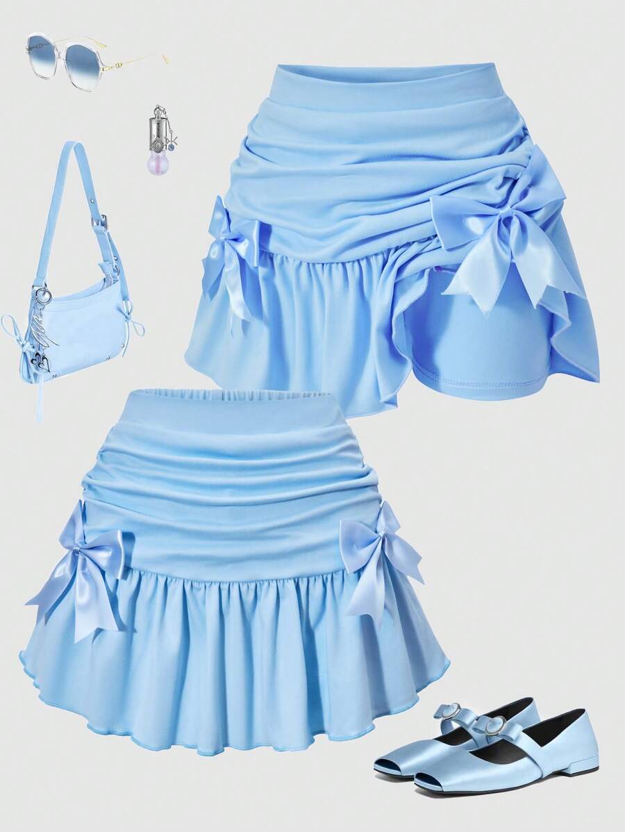 SHEIN Explorewe Tween Girl Sweet & Cool Solid Color Bow Decor Pleated Skirt - Baby Blue - View 1