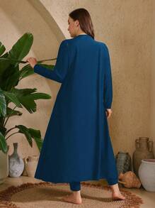 Swim Mulvari Bộ 2 món/Bộ đồ bơi Burkini trơn cỡ lớn cho nữ: Áo tankini lót trang trí và quần cạp cao màu trơn - Màu xanh ngọc - Xem 2