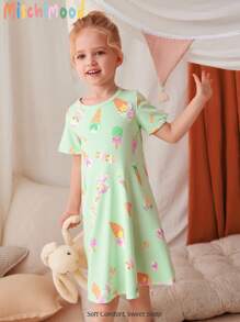 Vestaglia da notte a maniche corte con scollo rotondo e stampa a motivo di gelato, resistente alle fiamme, per ragazze