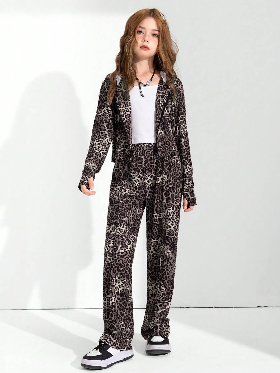 女童豹纹修身连帽开衫外套和阔腿裤两件套西装套装，春秋季时尚休闲街头服饰 - 彩色 - 查看 1