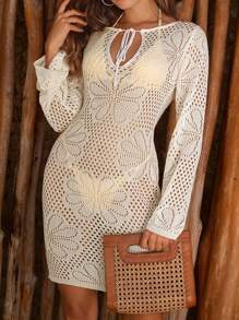 Swim Vcay 女士全白长袖纯色沙滩裙，热带针织系带夏季休闲沙滩裙，适合派对和度假 - 白色 - 查看 5