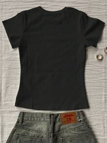 SHEIN Women Regular Fit Crew Neck Short Sleeve T-Shirt With Embroidery, Sequins Embellished And Laser Print Letter Decor