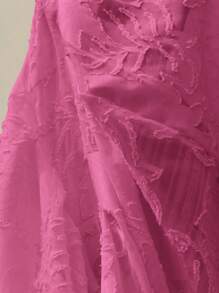 BELROSIE Elegant Vintage Floral Embroidered V-Neck Puff Sleeve Cinched Waist Front Button Down Flared Hem A-Line Dress For Women - Pink - View 2