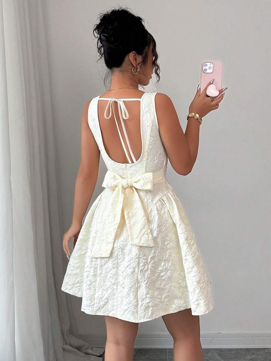 Elenzga Women Apricot Jacquard Textured Backless Tie Back Waist Flare Short Dress - Apricot - View 1