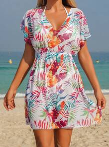 Swim Lushoire Rochie de plajă cu mânecă scurtă, casual, cu imprimeu de plante tropicale, decolteu în V