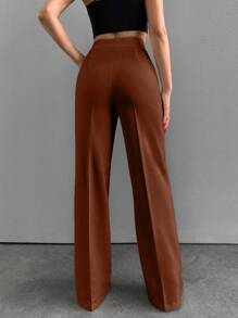EURMUSE High Waist Straight Leg Solid Color Casual/Office Pants - Brown - View 2