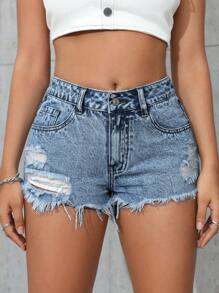 SHEIN PETITE 夏季休闲破洞牛仔短裤 - 淺色水洗藍 - 查看 7