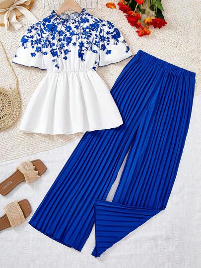SHEIN 2pcs/Set Teen Girls Floral Print Collar Frill Flare Sleeve Waist Fitted Wide Leg Pants Suit Set, Elegant, New Summer Collection