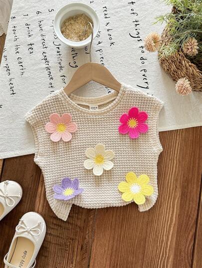 SHEIN Leap Crew Babygirl 可爱花卉印花短袖针织上衣，夏季百搭