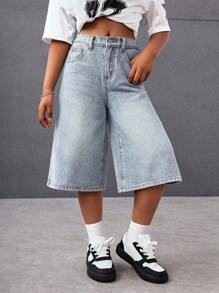 SHEIN Short en jean ample retro lavé bleu clair à taille haute, style streetwear décontracté polyvalent pour préadolescentes, shorts en jean ample long jambe large, shorts d'été bohème pour vacances à la plage, tenues casual pour concerts d'été et festivals, tenues d'été pour brunch, église, remise de diplômes, tenues de rentrée scolaire streetwear