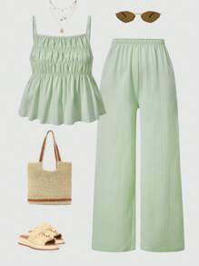 SHEIN Set de 2 piezas de camiseta sin mangas con volantes y pantalones anchos de pierna ancha, estilo casual, dulce y elegante para adolescentes, apropiado para uso diario, ir a trabajar, ocio, vacaciones y reuniones con amigos