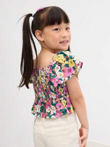 Leap Crew Leap Crew Young Girl Casual Cute Sweet Floral Print Square Neck Ruffle Sleeve Shirt - Purple - View 1