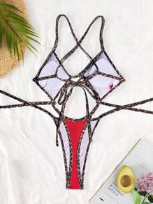 Swim SXY 女士夏季沙滩装，豹纹连体泳衣，性感比基尼，适合欧美风格度假游泳 - 紅色 - 查看 2