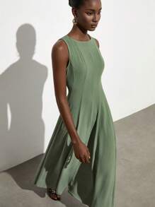 Aveloria Modichic French Simple Elegant Elegant Dress, Vertical Split Design Fit & Flare Sleeveless Dress For Women - Green - View 1