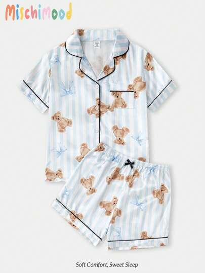 Girl Pajamas Blue Bow Bear Stripe Print Faux Silk Piping Contrasting Color Short Sleeve Shorts Button Up Casual Sleepwear Set For Juniors