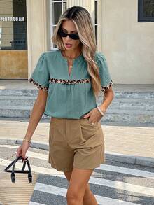 SHEIN Frenchy Women Short Sleeve Solid Color Blouse With Contrast Trim, Fashionable For Summer Casual Blue Elegant - Blue - View 5