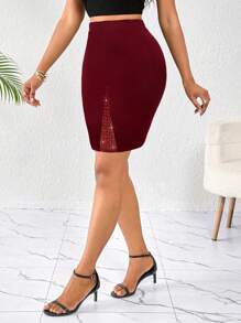 SHEIN Lady 女式夏季优雅水钻装饰修身半身裙 - 酒紅色 - 查看 5
