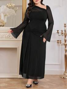 Modelyn 加大码纯色网眼撞色休闲连衣裙，简约优雅日常长款晚礼服 - 黑色 - 查看 4