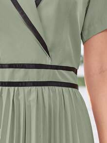 Teenage Girl Khaki Elegant Collared Trim Pleated Flare Midi Skirt, Commuter Style - Mint Green - View 3