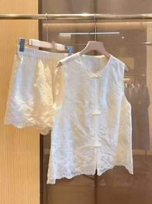 2 件套女式白色传统刺绣背心和短裤套装，休闲户外度假 - 白色 - 查看 1