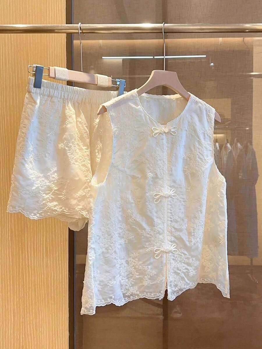 2 件套女式白色传统刺绣背心和短裤套装，休闲户外度假 - 白色 - 查看 1